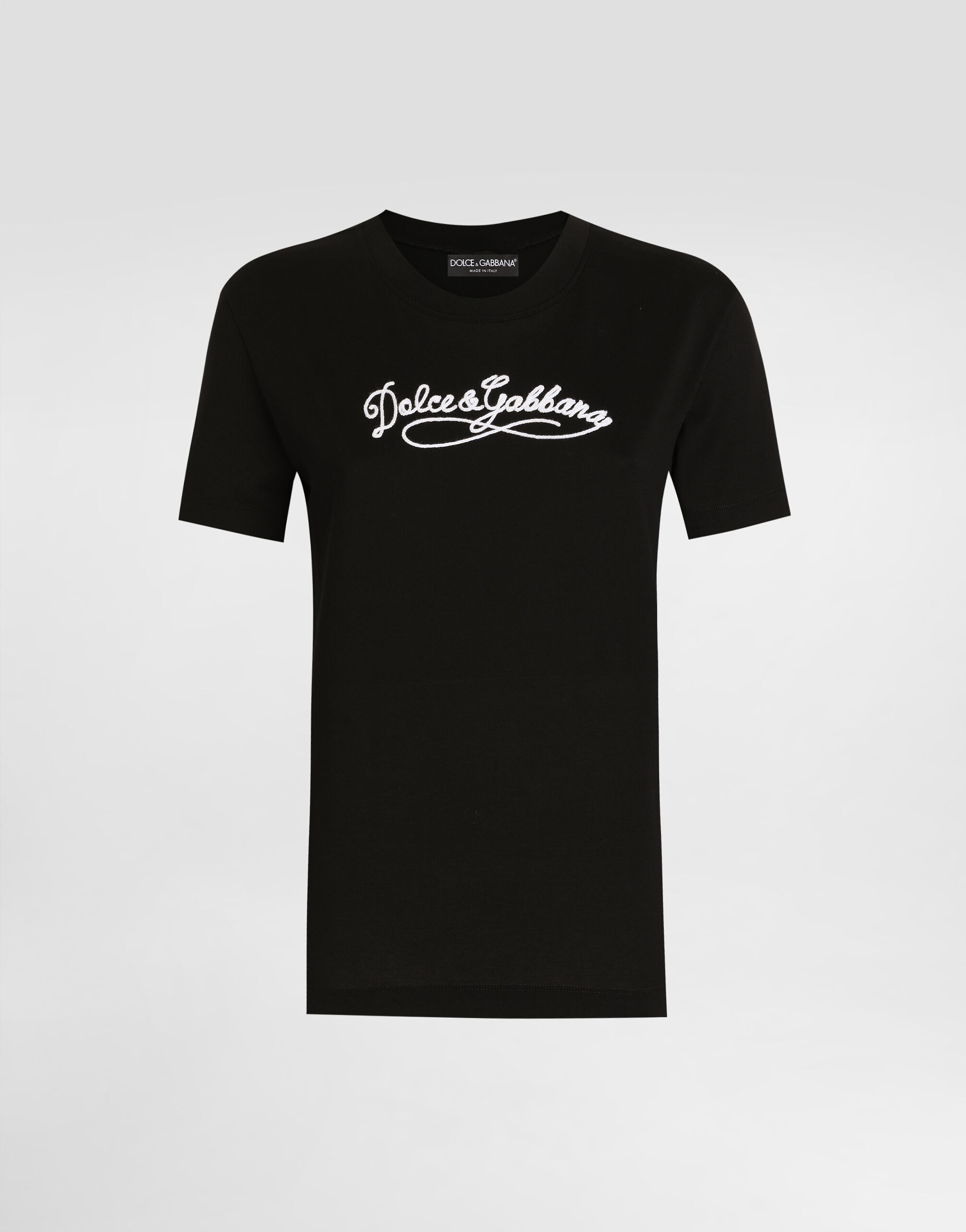 DOLCE&GABBANA ロゴネック Tシャツ ブラック XS Jersey t-shirt with embroidery in Black for Women | Dolce&Gabbana® US