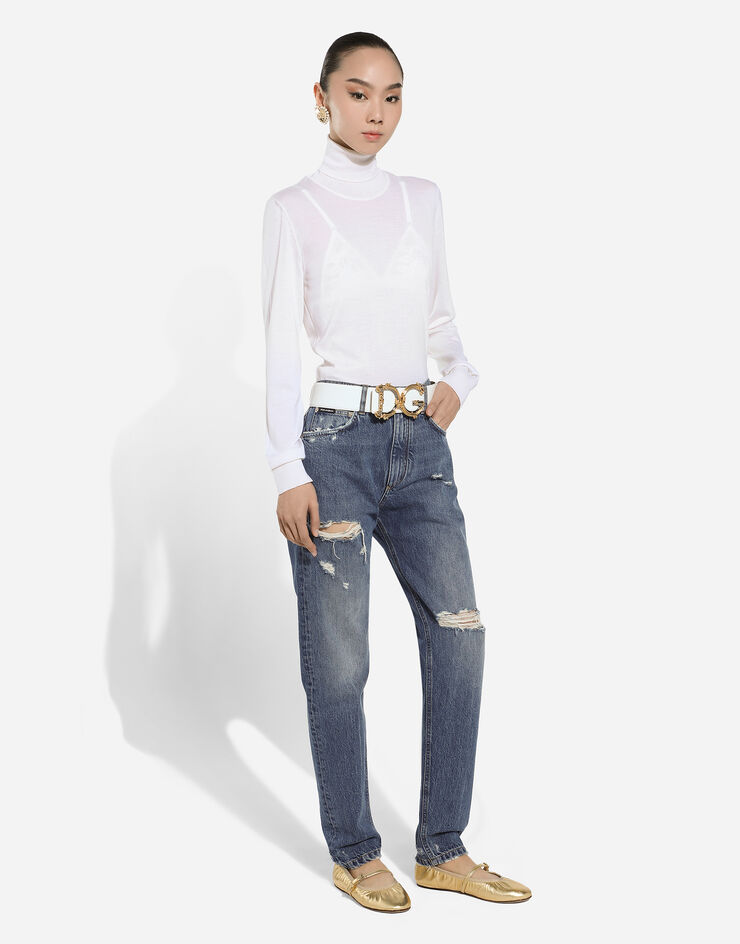 Dolce & Gabbana Pull à col montant en cachemire et soie Blanc FXW13TJFMEW