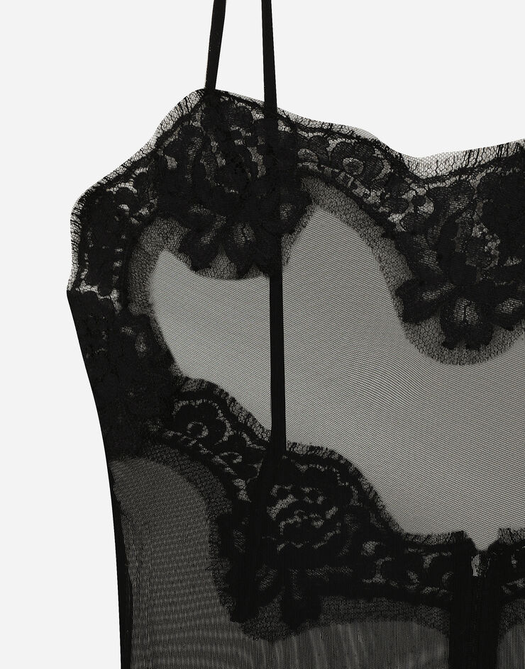 Dolce & Gabbana Top en tulle avec détails en dentelle Noir F78A1TFLRDA
