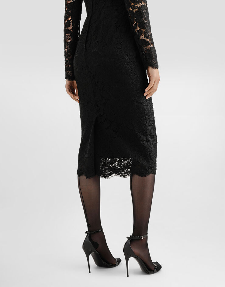 Dolce & Gabbana Longuette-Langarmkleid aus elastischer Spitze mit Logo Schwarz F6M0DTHLM7L