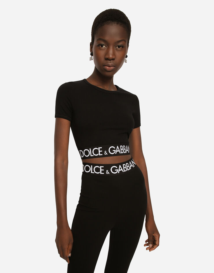 Dolce & Gabbana Kurzes T-Shirt aus Jersey mit Logo-Gummiband Schwarz F8N50TFUEEY