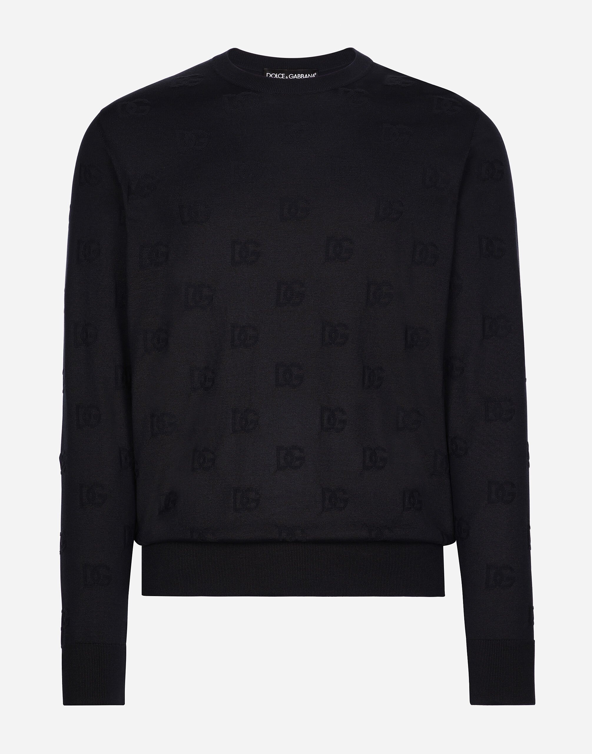 Dolce & Gabbana Jersey de cuello redondo de seda con motivo integral DG en intarsia Negro BP3287AG218