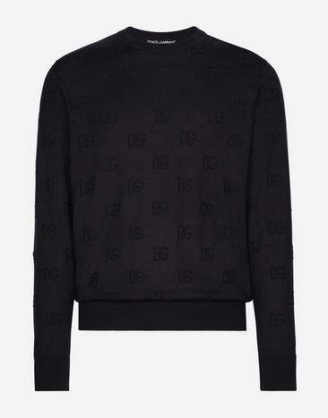 Dolce & Gabbana Silk round-neck sweater with all-over DG inlay Blue GP01QTFURHJ