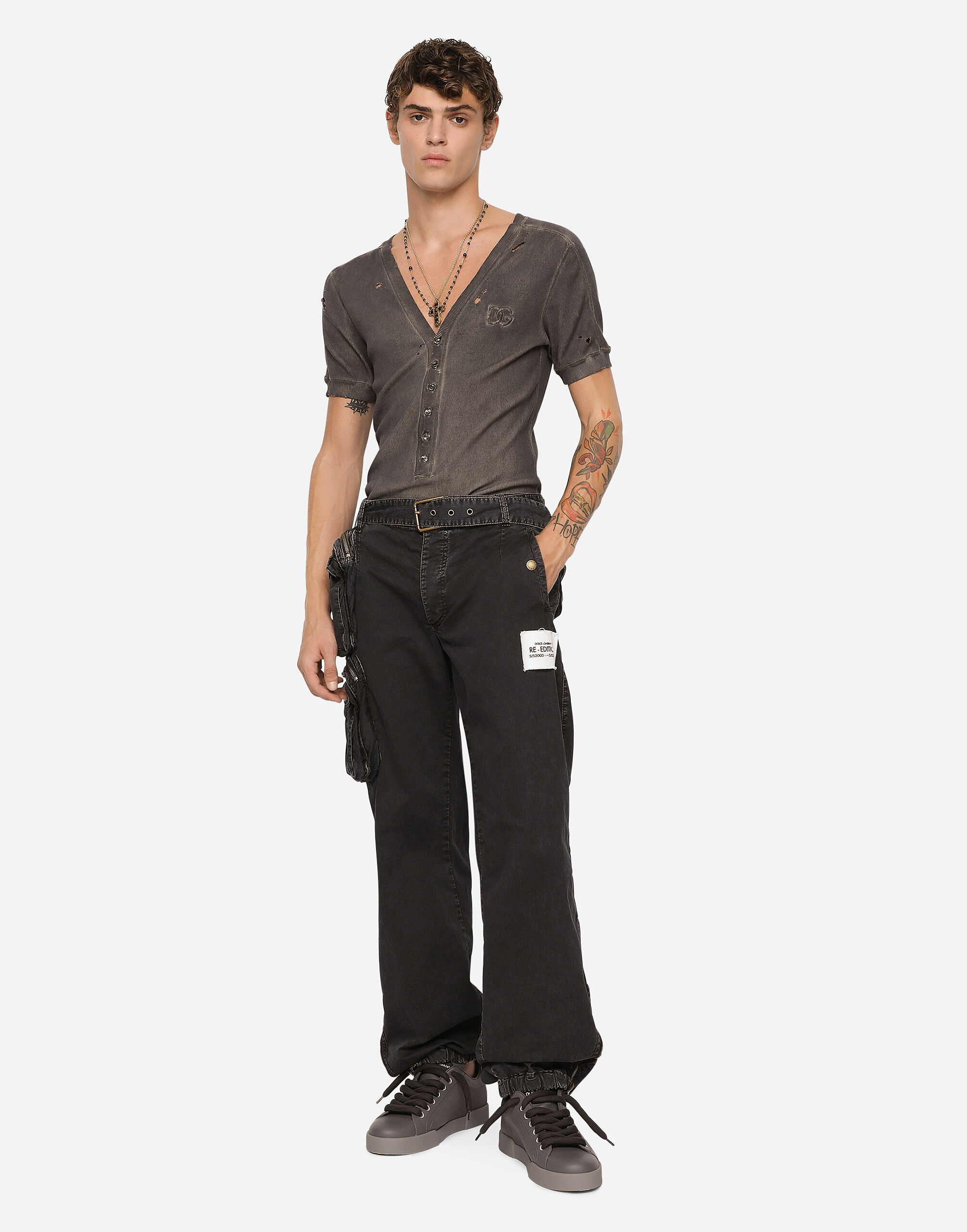 Pantalon de algodon con cinturon y bolsillos oversize en Negro de Hombre Dolce Gabbana