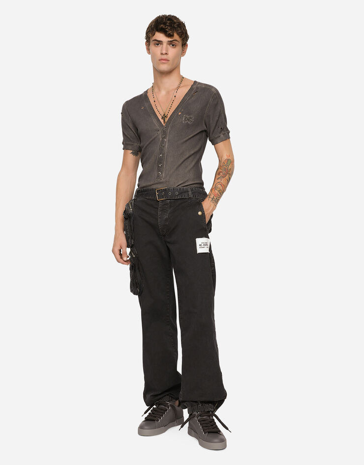 Dolce & Gabbana Pantalon en coton avec ceinture et sac banane Noir GV0RETGG068