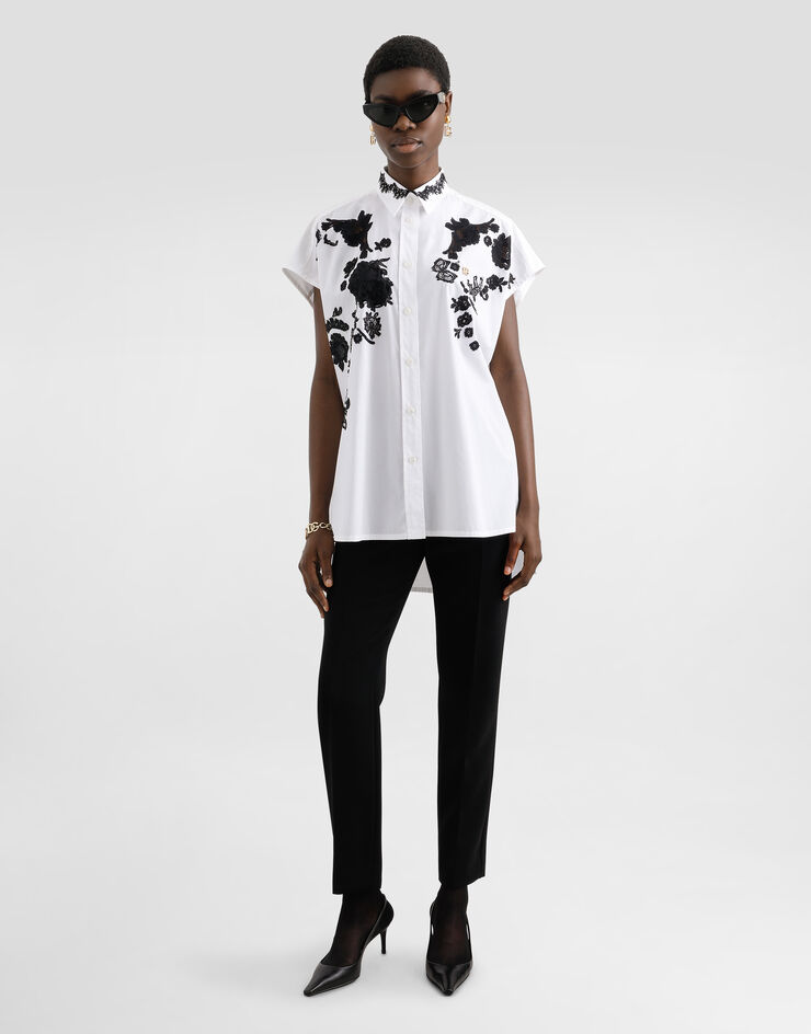 Dolce & Gabbana Oversize-Bluse aus Baumwollpopeline mit Spitzenapplikationen Weiss F5T38TGDCTK