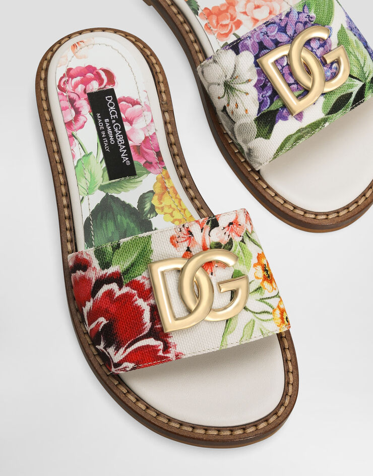 Dolce & Gabbana Flat canvas sliders with flower and DG logo print Print D11316A4194