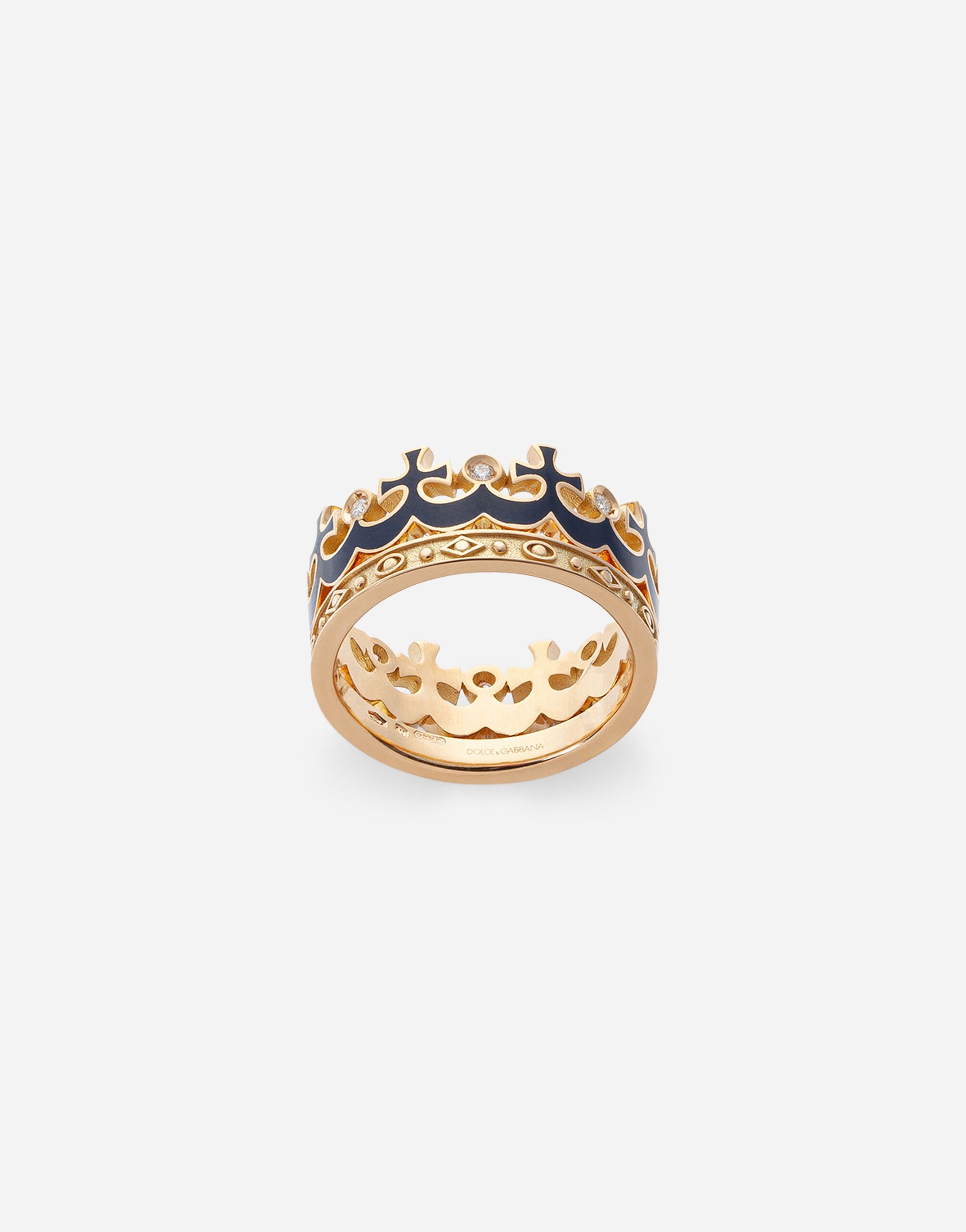 Dolce & Gabbana Anillo Crown en forma de corona con esmalte azul y diamantes Dorado WRLK1GWIE01