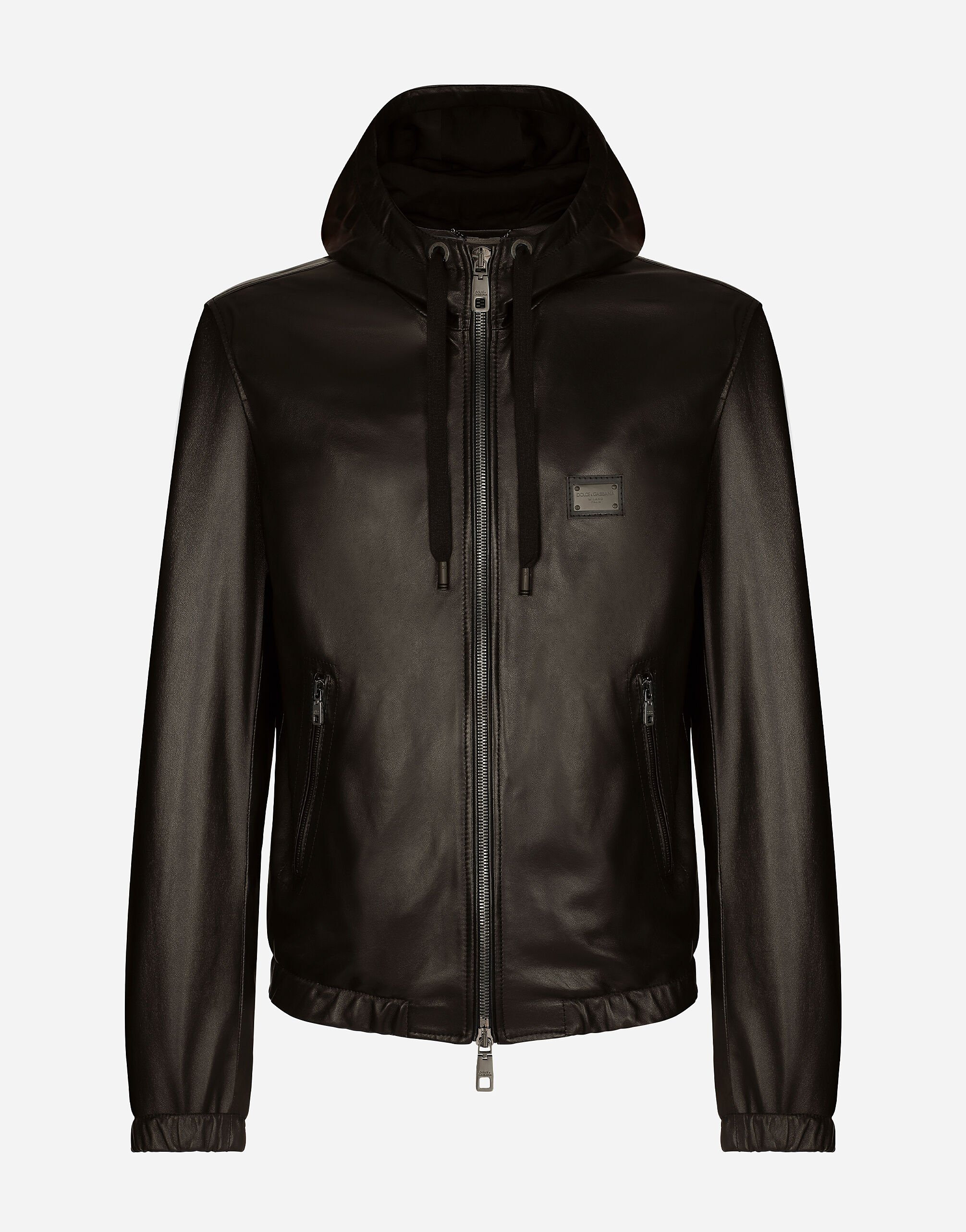 Dolce & Gabbana Leather jacket with hood and branded tag Black G036CTFUSXS