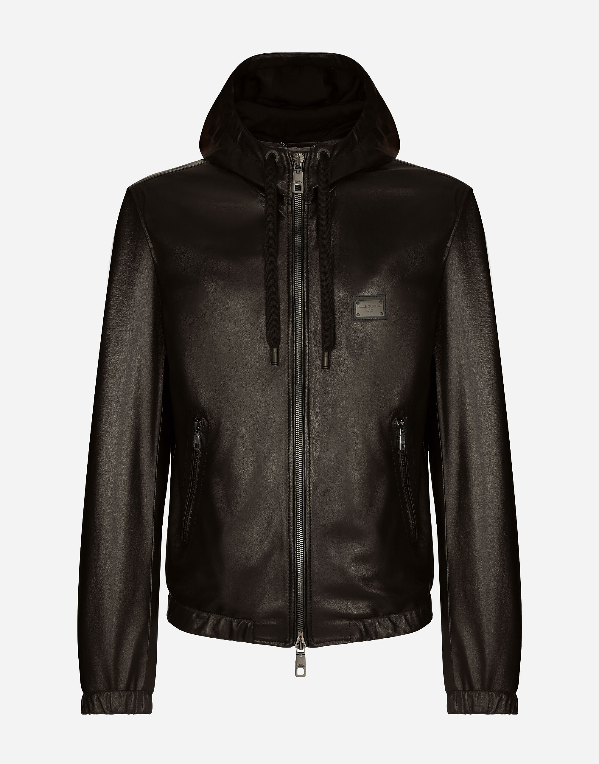 Dolce & Gabbana Lederjacke mit Kapuze und Logoplakette Schwarz G036CTFUSXS