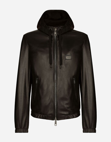 Dolce & Gabbana Leather jacket with hood and branded tag Black G036CTFUSXS