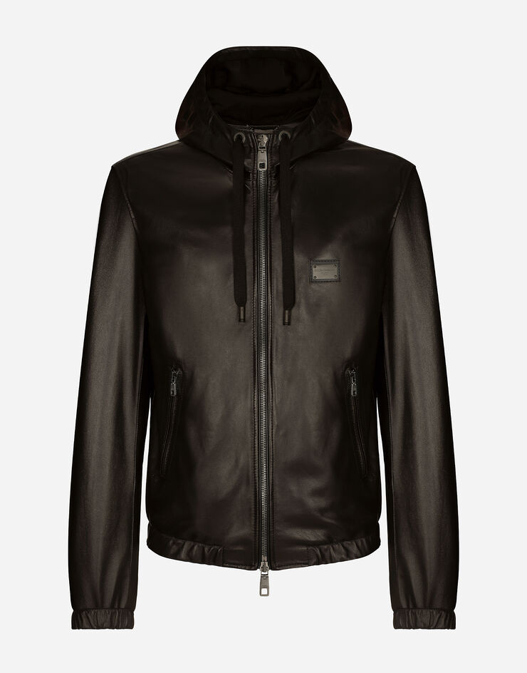 Dolce & Gabbana Leather jacket with hood and branded tag Black G9ZY6LHULR0