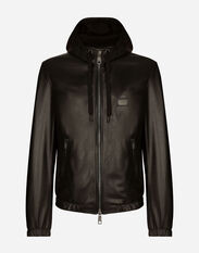 Dolce & Gabbana Leather jacket with hood and branded tag Blue G9ARNTFUM7U