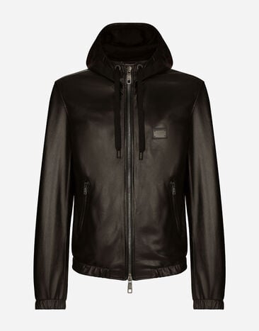 Dolce & Gabbana Cazadora de piel con capucha y placa con logotipo Negro G036CTFUSXS