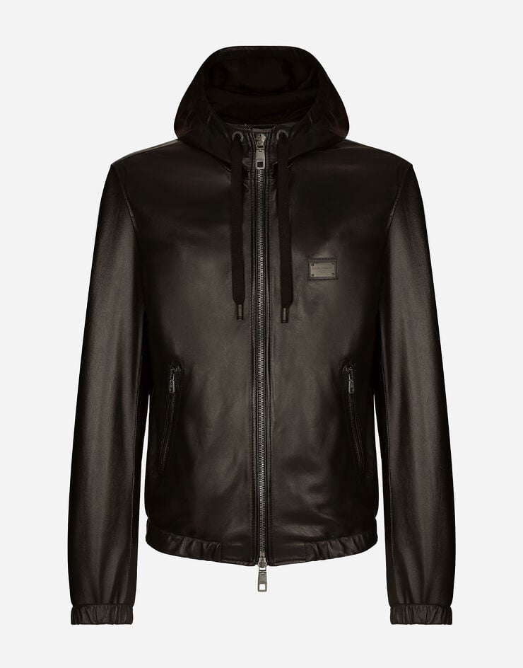 Dolce & Gabbana Leather jacket with hood and branded tag Black G9ZY6LHULR0