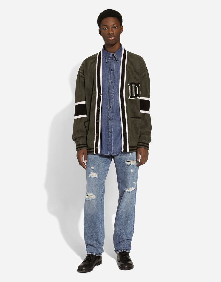 Dolce & Gabbana Cardigan en laine côtes anglaises avec écusson logo DG Vert GXV13ZJCVYC