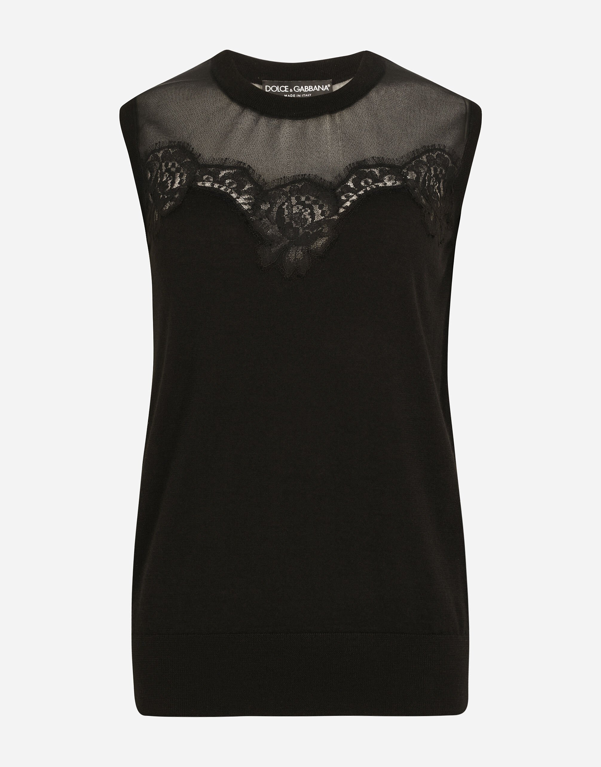 Dolce & Gabbana Sleeveless cashmere and silk sweater with lace Black F8R52TFJ7DM
