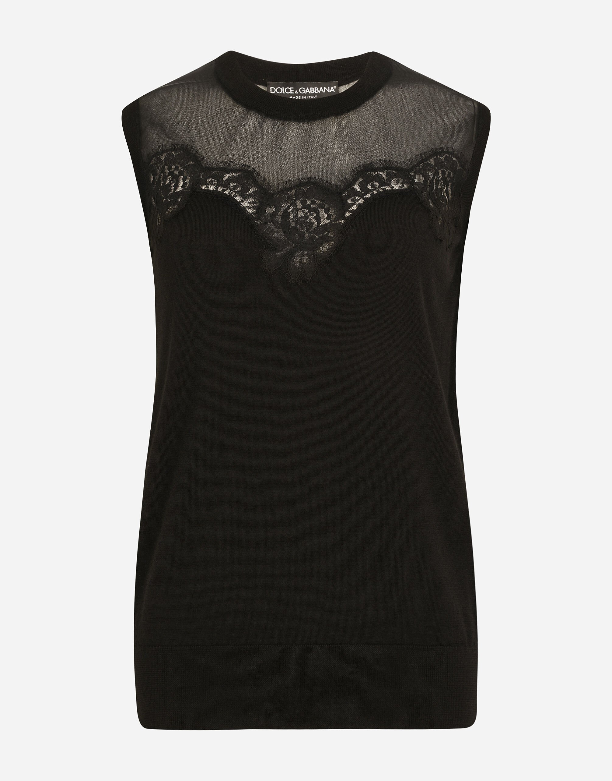 Dolce & Gabbana Sleeveless cashmere and silk sweater with lace Black FXI48TJAIL1