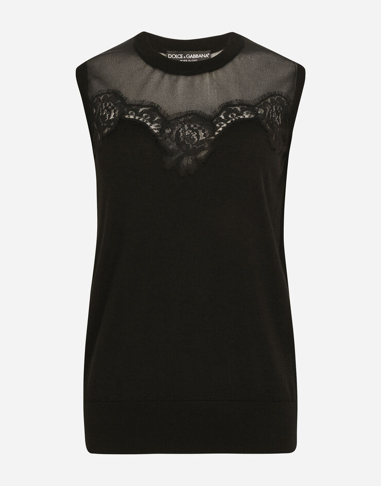 Dolce & Gabbana Sleeveless cashmere and silk sweater with lace Black FXG00TJCMY0