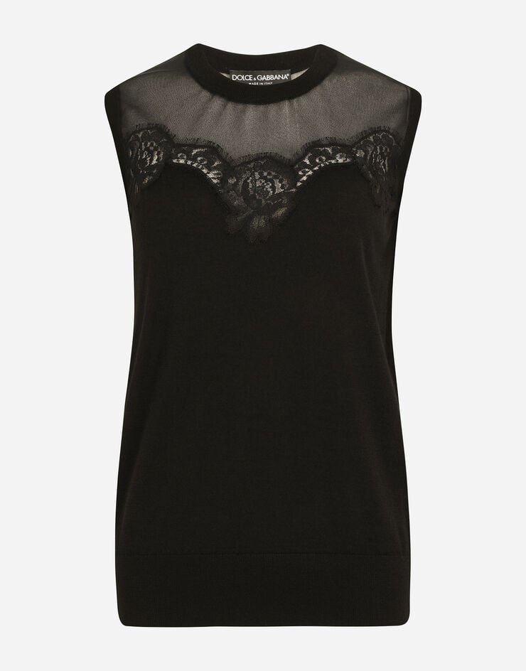Dolce & Gabbana Sleeveless cashmere and silk sweater with lace Black FXG00TJCMY0