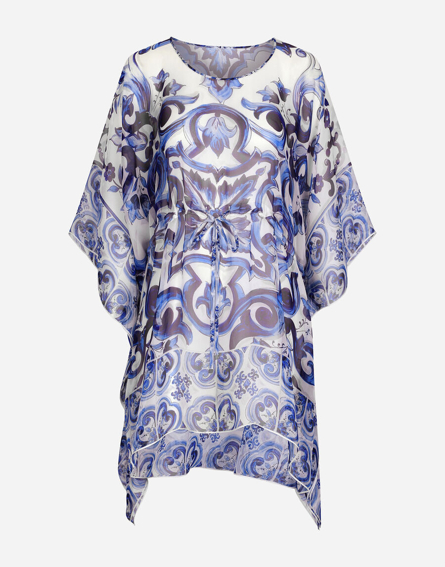 Short majolica-print chiffon caftan