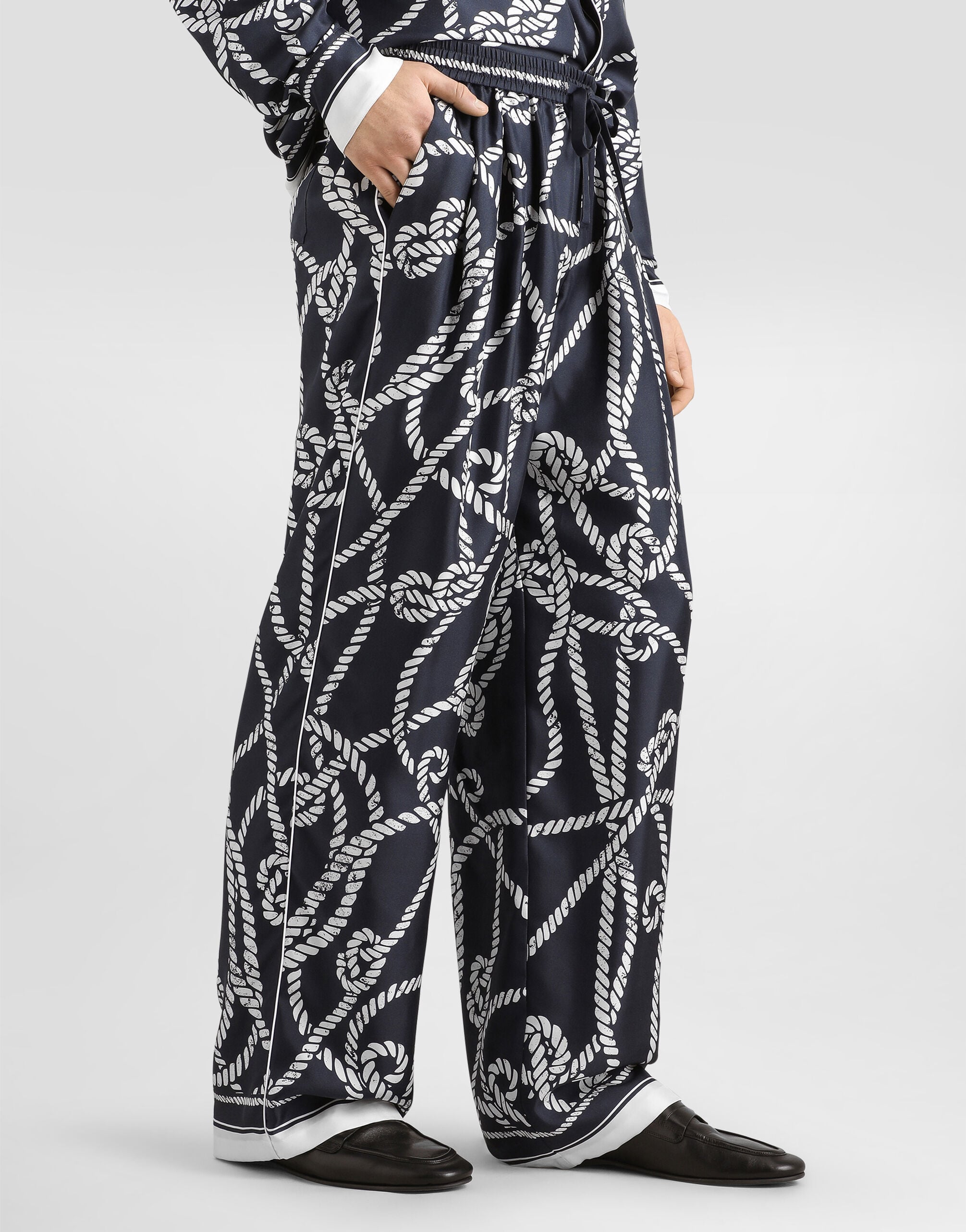 Marina-print silk twill vanity trousers in Multicolor for Men