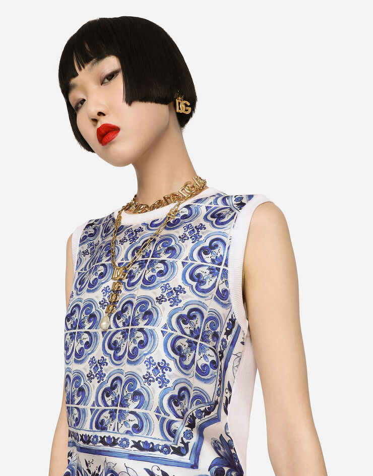 Dolce & Gabbana Maglia senza maniche in seta e twill stampa maiolica Multicolore FXH17TJASW1