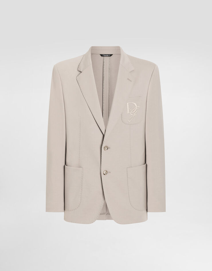 Dolce & Gabbana Einreihige Jacke aus Stretchjersey mit Logostickerei Beige G2TJ6ZFUGS1