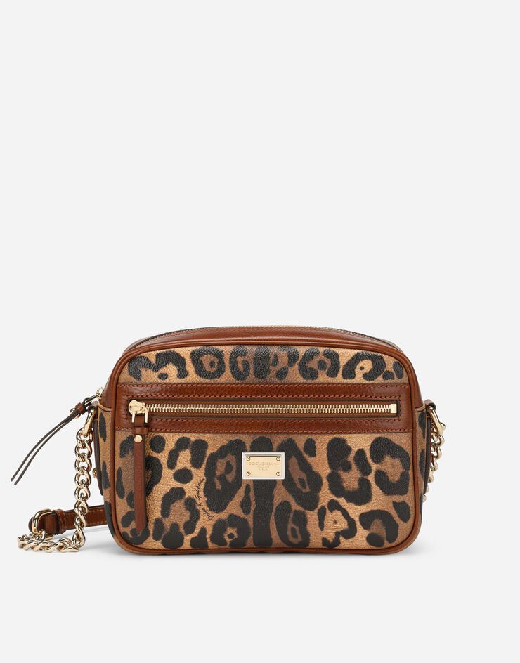 Dolce & Gabbana Bolso de bandolera mediano en crespo estampado leopardo con placa con logotipo Multicolor BB2211AW384