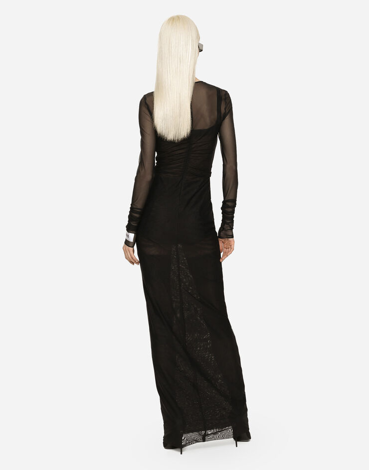 Dolce&Gabbana Long tulle dress with rhinestone cross embellishment Black F6BEZZFLRC2