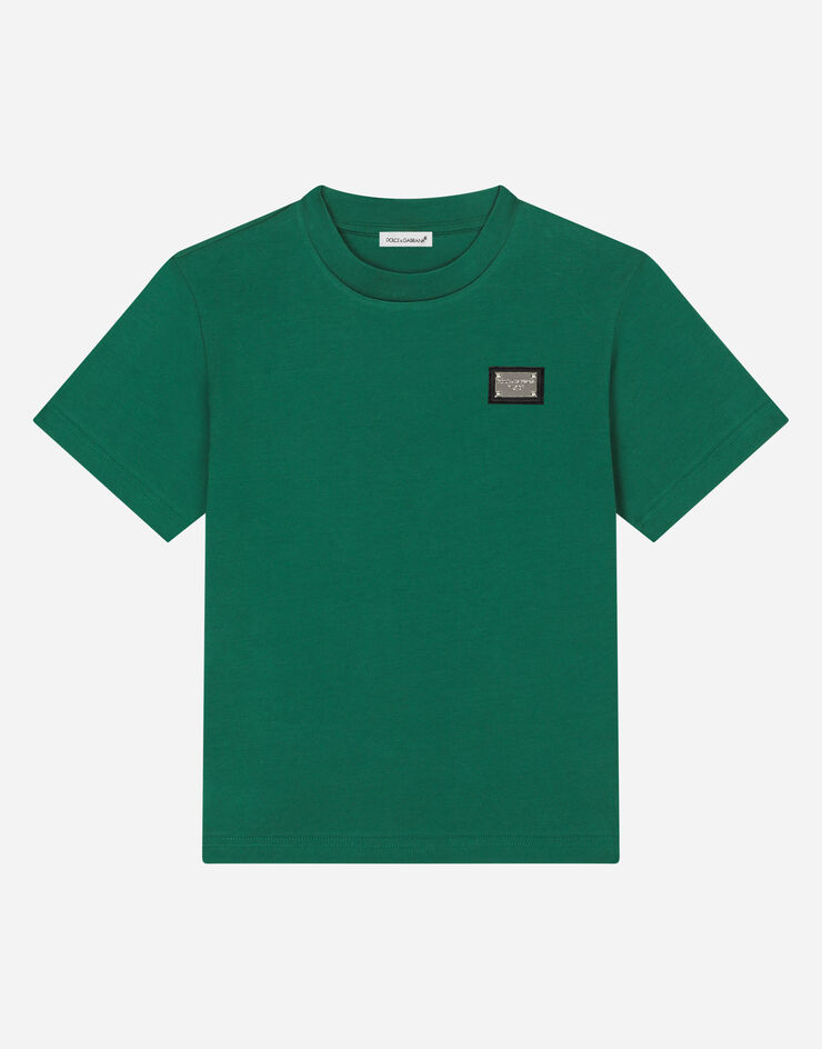 Dolce & Gabbana T-shirt in jersey con placca logata Multicolor L4JT7TG7I2O