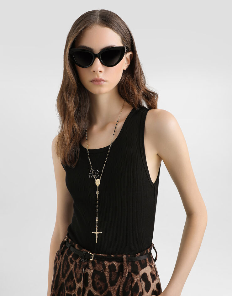 Dolce & Gabbana Ribbed tank top with DG embroidery and rhinestones Black F8V40ZGDDL8