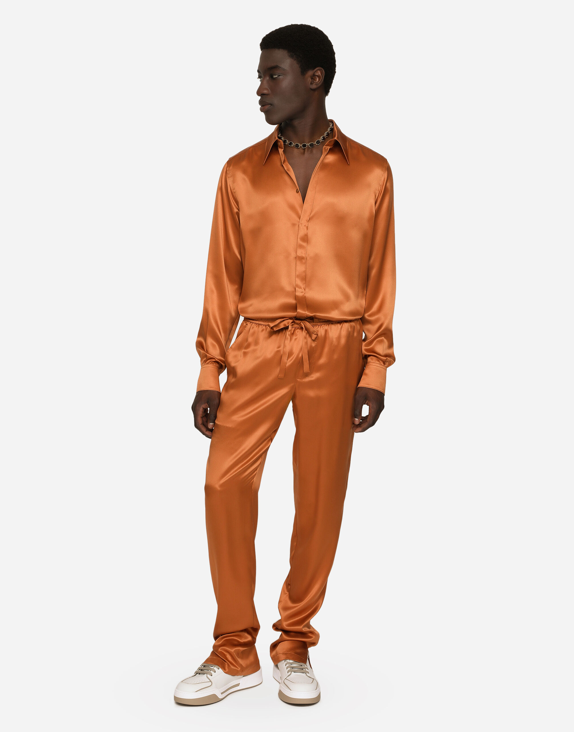 Silk satin jogging pants with metal DG logo in Beige for Men Dolce Gabbana US