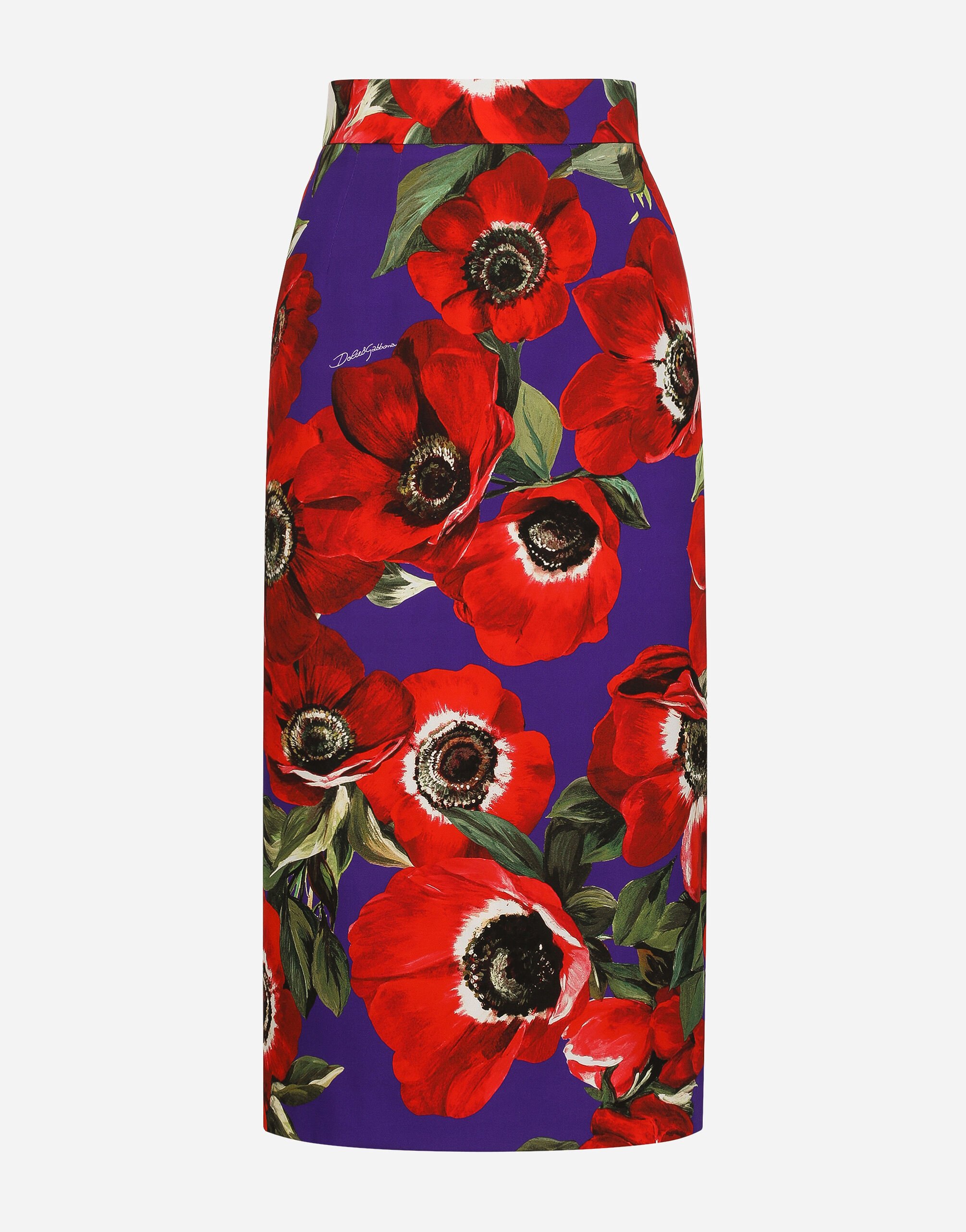 Dolce & Gabbana Charmeuse calf-length skirt with anemone print Print F4CWBTHS5R7