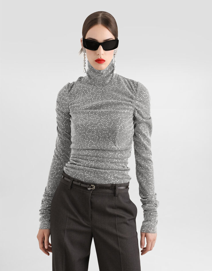 Dolce & Gabbana Draped sequined turtle-neck top Silver F7AL4THLM4U
