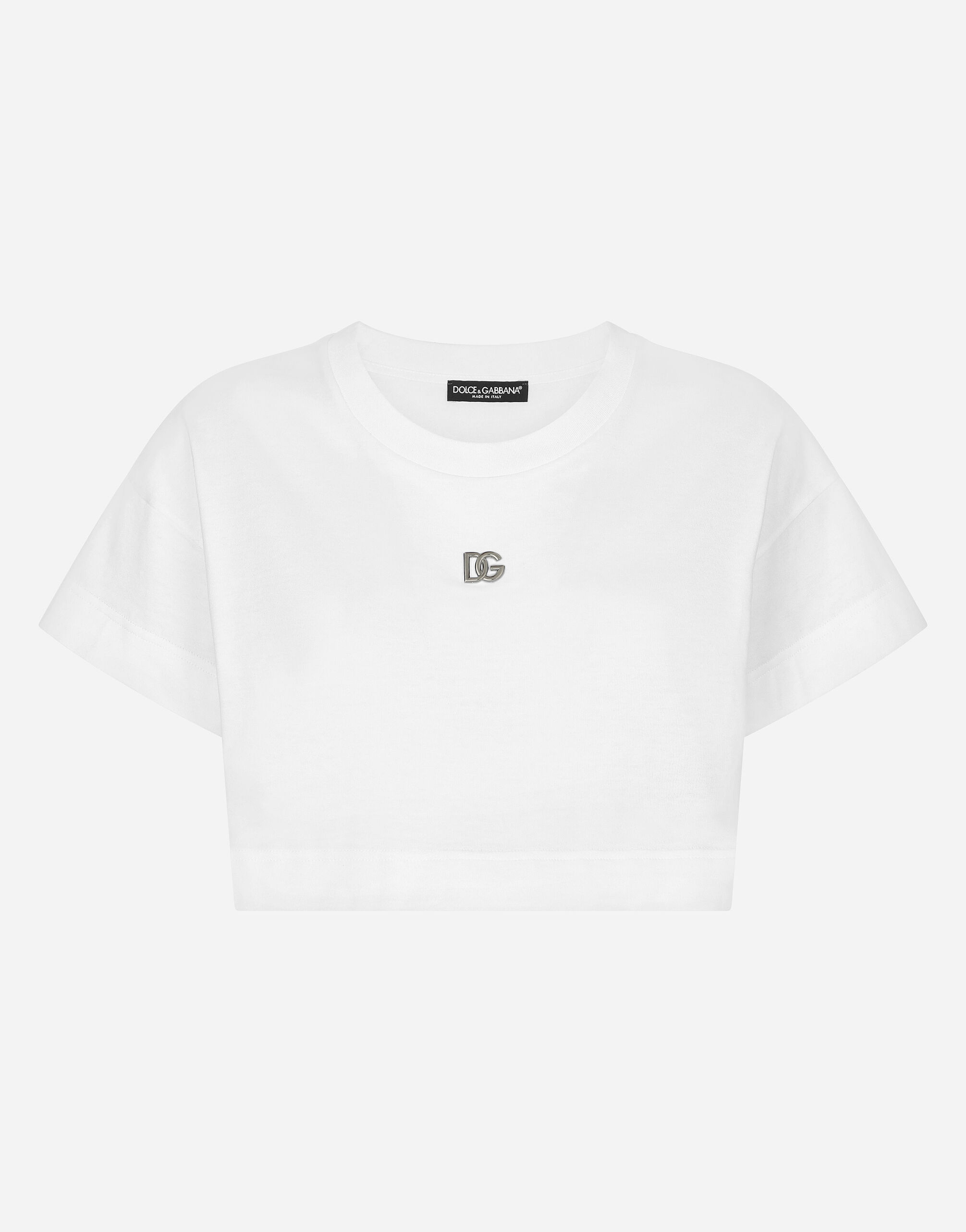 Dolce & Gabbana Cropped jersey T-shirt with DG logo Black F9M32ZHUML6