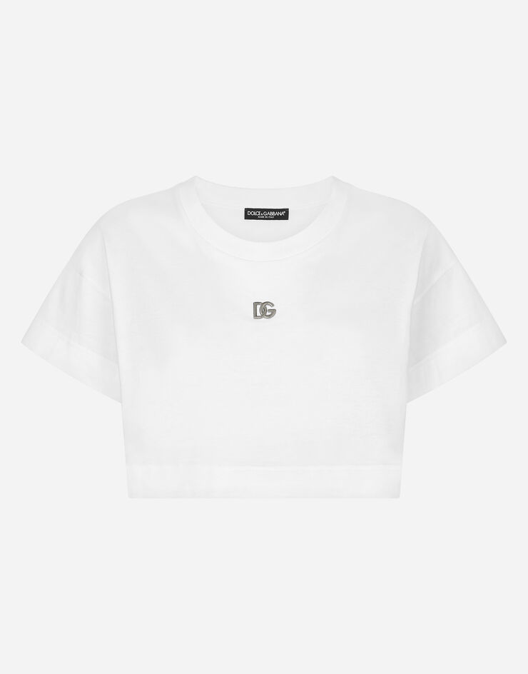 Dolce & Gabbana Kurzes T-Shirt aus Jersey mit DG-Logo Weiss F8S21ZG7EOW
