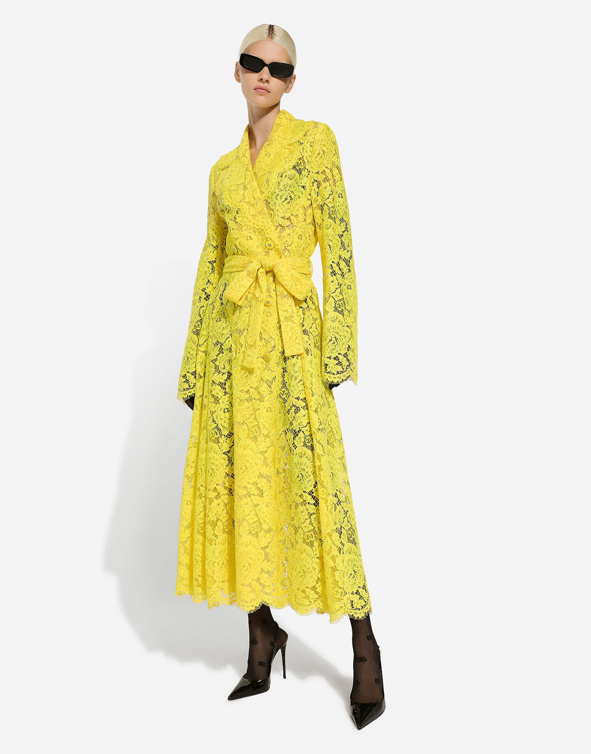 Branded floral cordonetto lace trench coat in Yellow for Women Dolce Gabbana