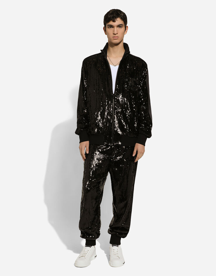 Dolce & Gabbana Sequined zip-up sweatshirt with rhinestone-detailed DG patch Black G9ZG1ZHLMTJ