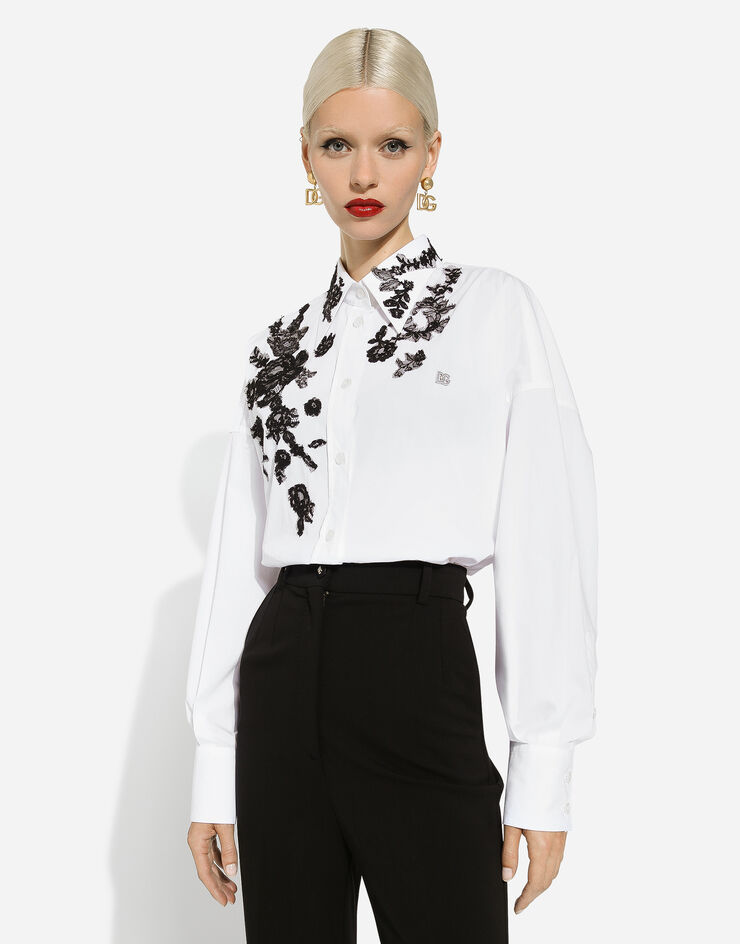 Oversize cotton shirt with lace appliqués in White for Women | Dolce ...