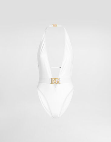 Dolce & Gabbana One-piece swimsuit with plunging neck and belt White O9B74JONO12