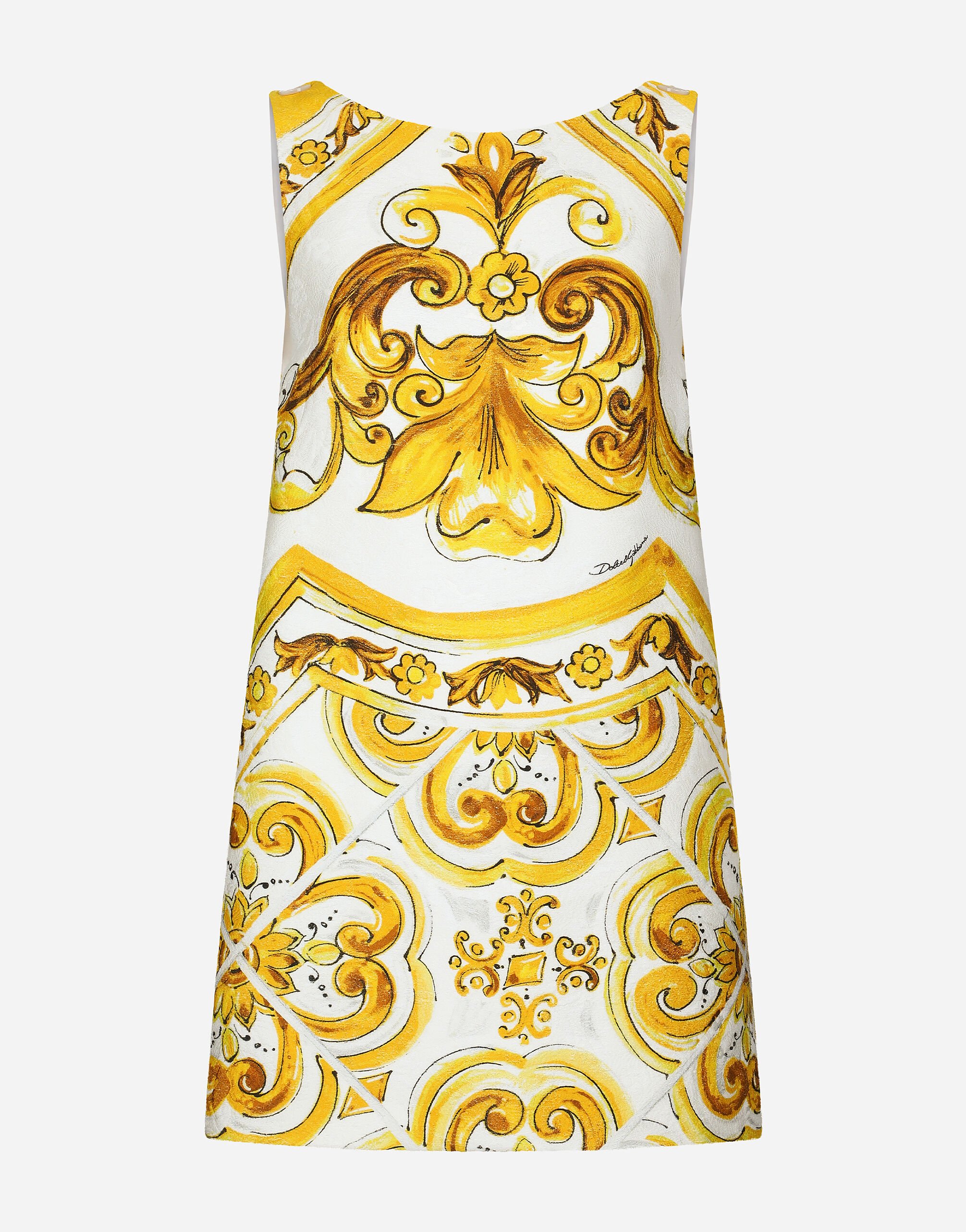 Dolce & Gabbana Kurzes Kleid aus Brokat Majolika-Print Gelb BB6003AW050