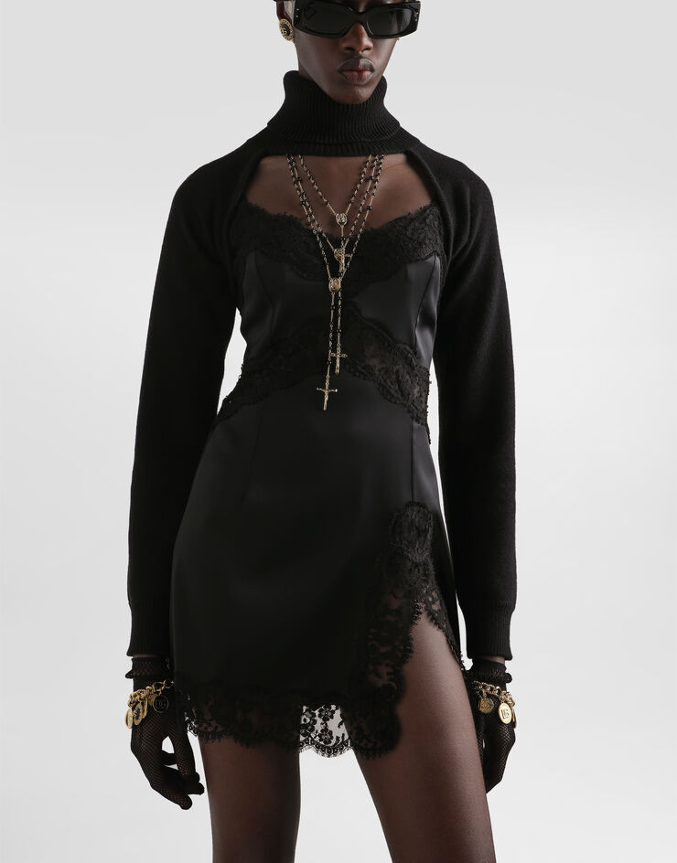 Dolce & Gabbana Stretch satin dress with lace details Black F6TNXTFURAD
