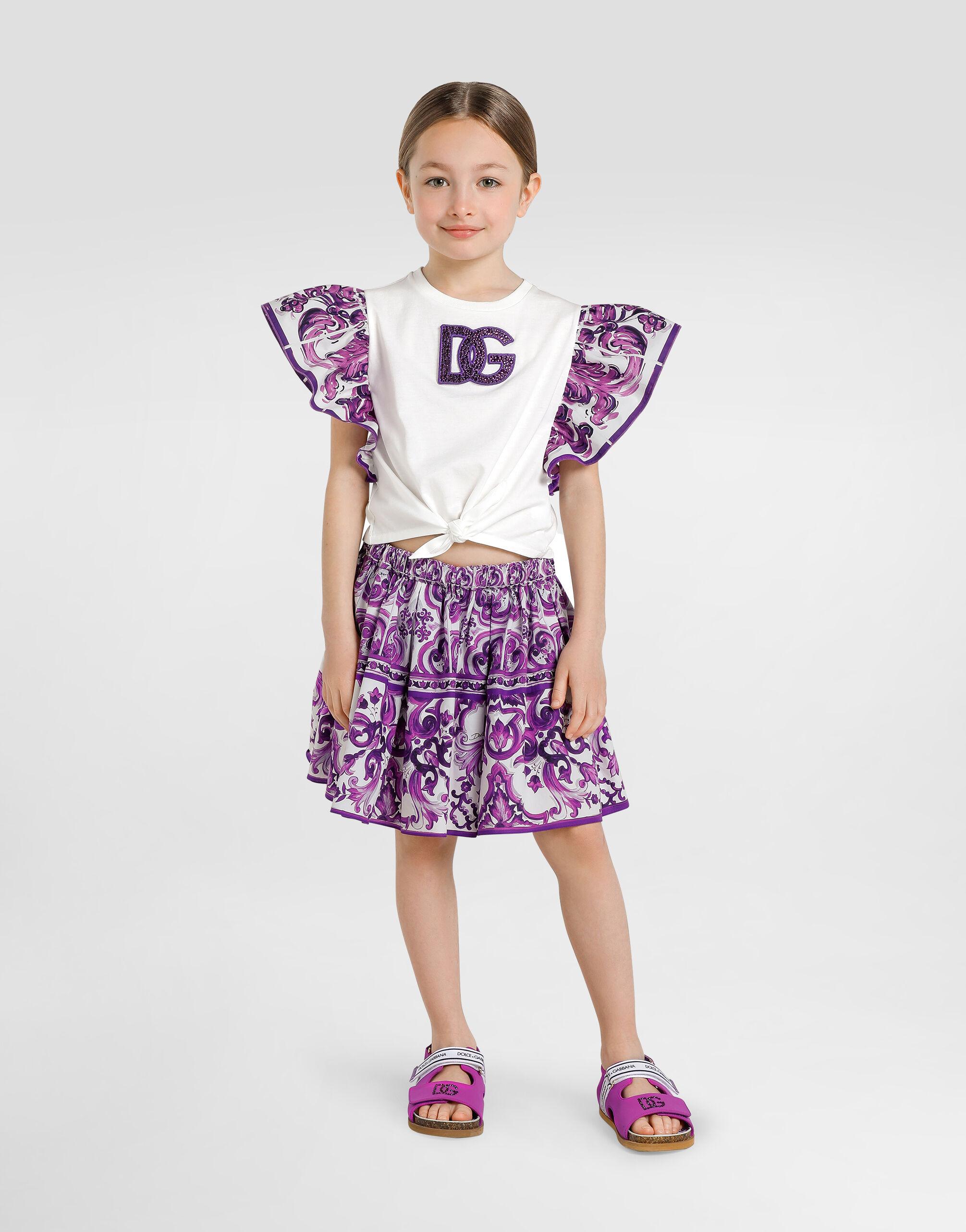 Majolica-print short-sleeved poplin t-shirt in Multicolor for