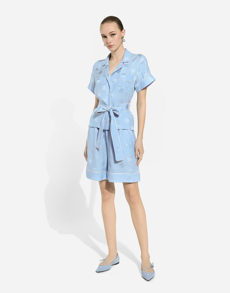 Dolce & Gabbana Short-sleeved silk satin jacquard pajama shirt with DG logo Azure F5G67TFJ1JO