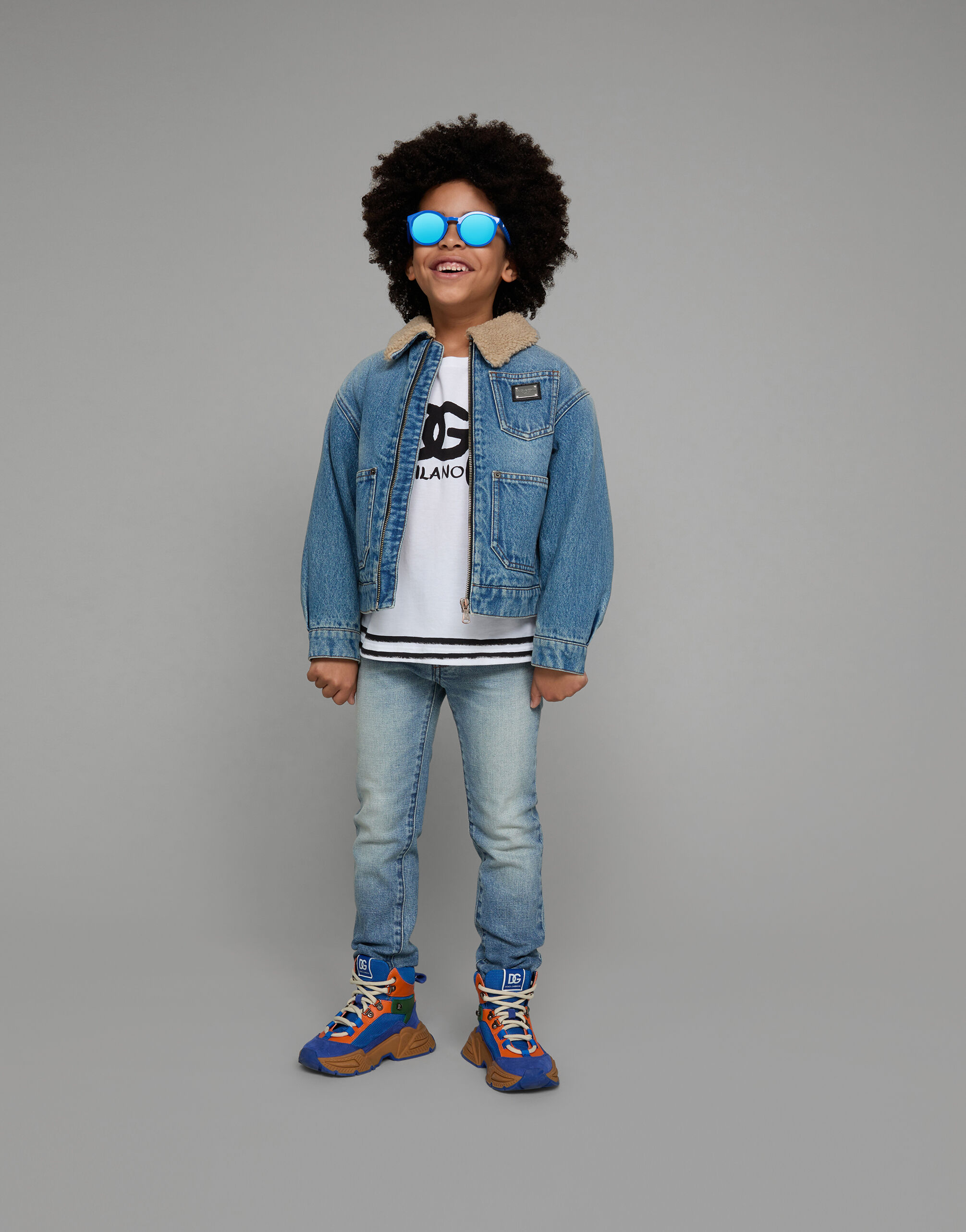 Denim jacket with faux fur lining in Blue for Boys Dolce Gabbana