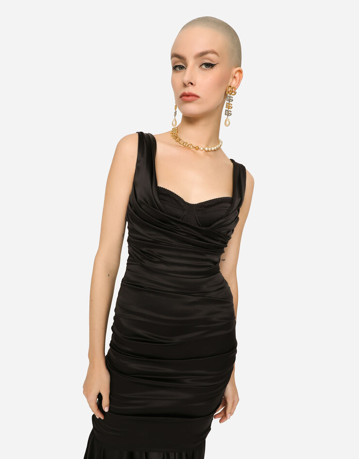 Dolce & Gabbana Long satin dress with draping Black F6ZN9TFURAG