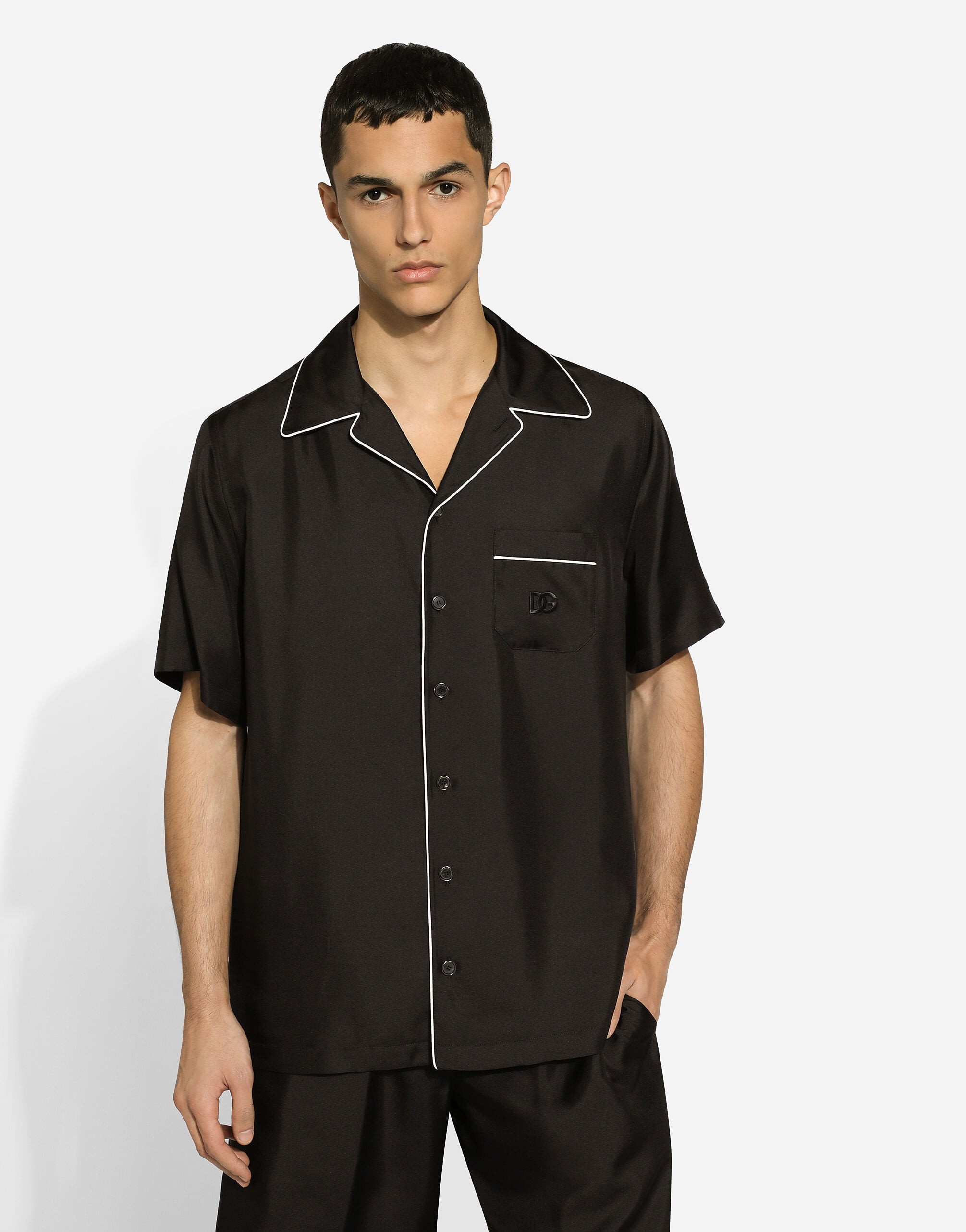 Silk twill shirt with DG embroidery in Black for Men