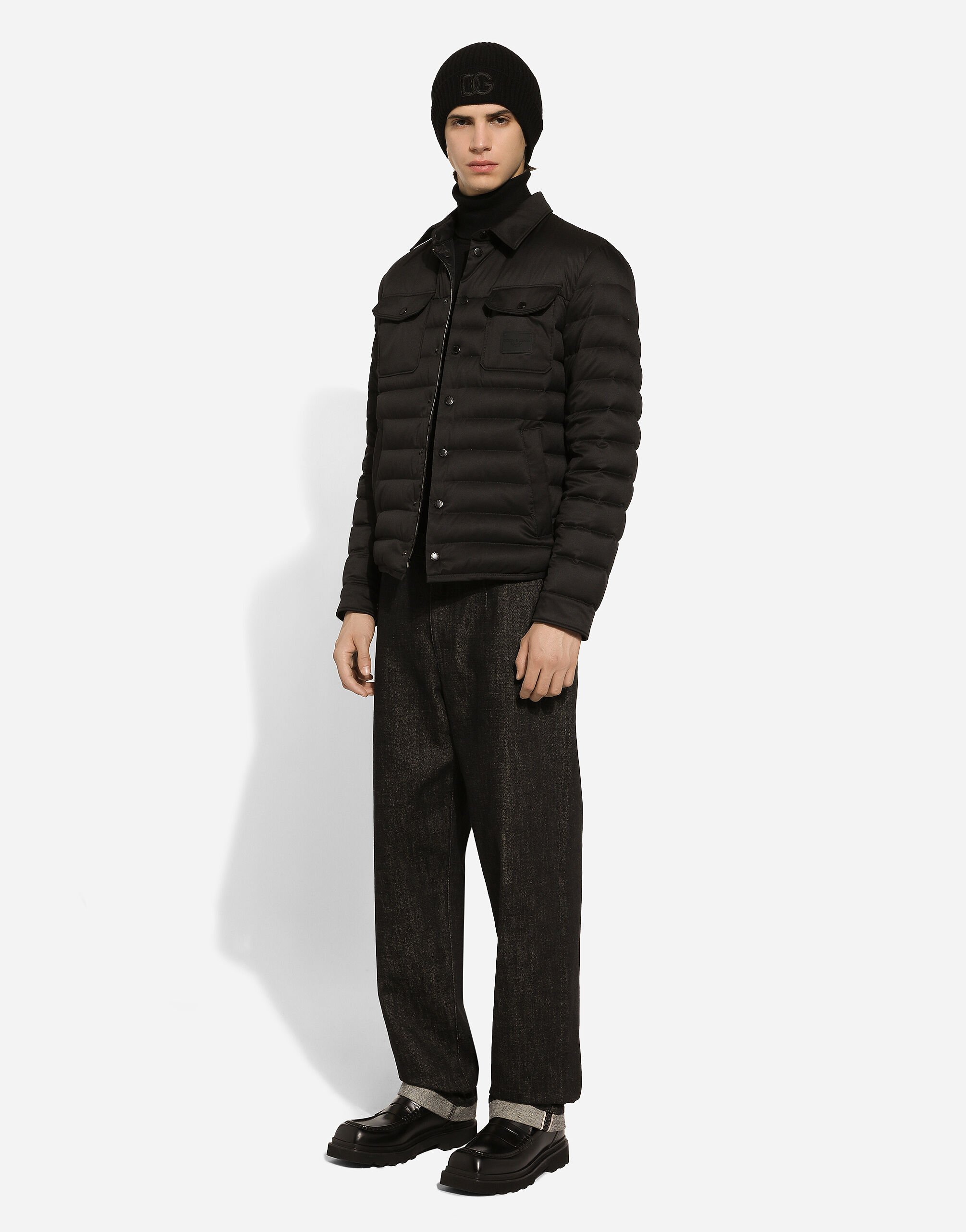 ★DOLCE & GABBANA ブラック フロントボタン ポケット コート Blackのメンズ パデッドサテン シャツカラー ジャケット