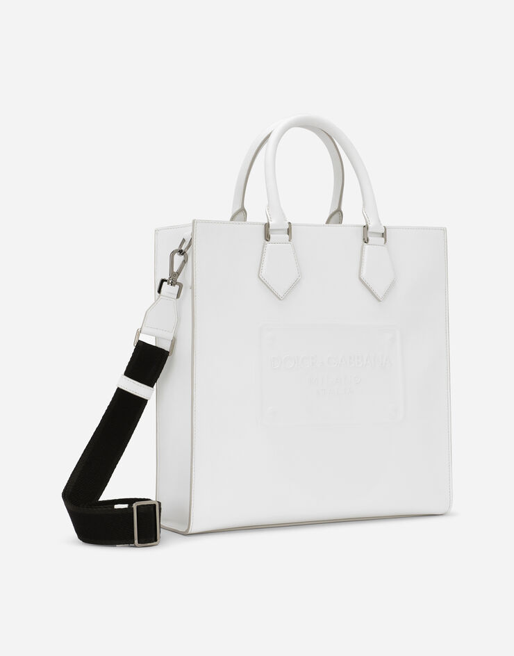 Dolce & Gabbana حقيبة تسوق من جلد عجل بشعار بارز أبيض BM2154AG218